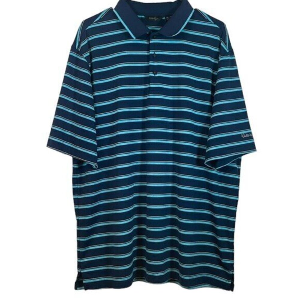 Men's Walter Hagen Performance Golf Polo Shirt Stripe Navy Teal Size XL EUC